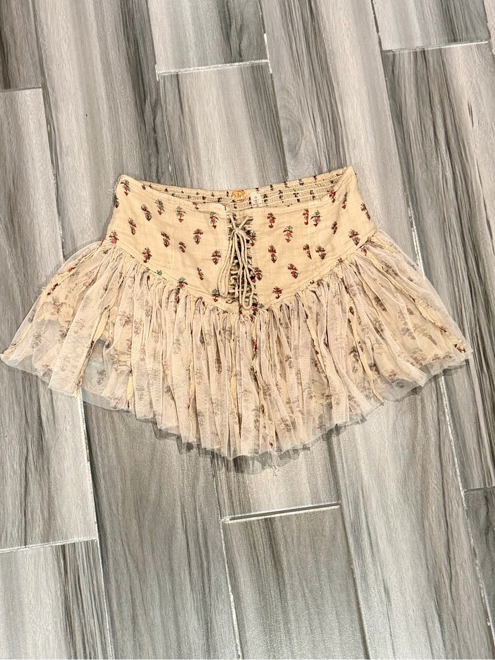 Cream Lace-Up Floral Ruffle Mini Skirt